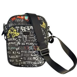 DKNY Gigi Double Zip Black Graffiti Adjustable Strap Nylon Crossbody Bag